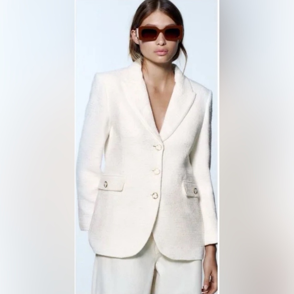Zara White Boucle Textured Tweed Single Breasted Blazer White Gold Jacket XS